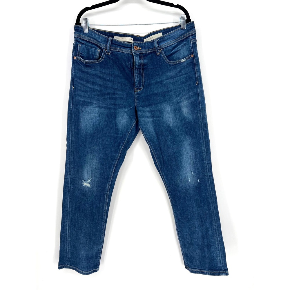 Pilcro Anthropologie Slim Boyfriend Jeans 32 Blue Distressed Stretch Denim EUC